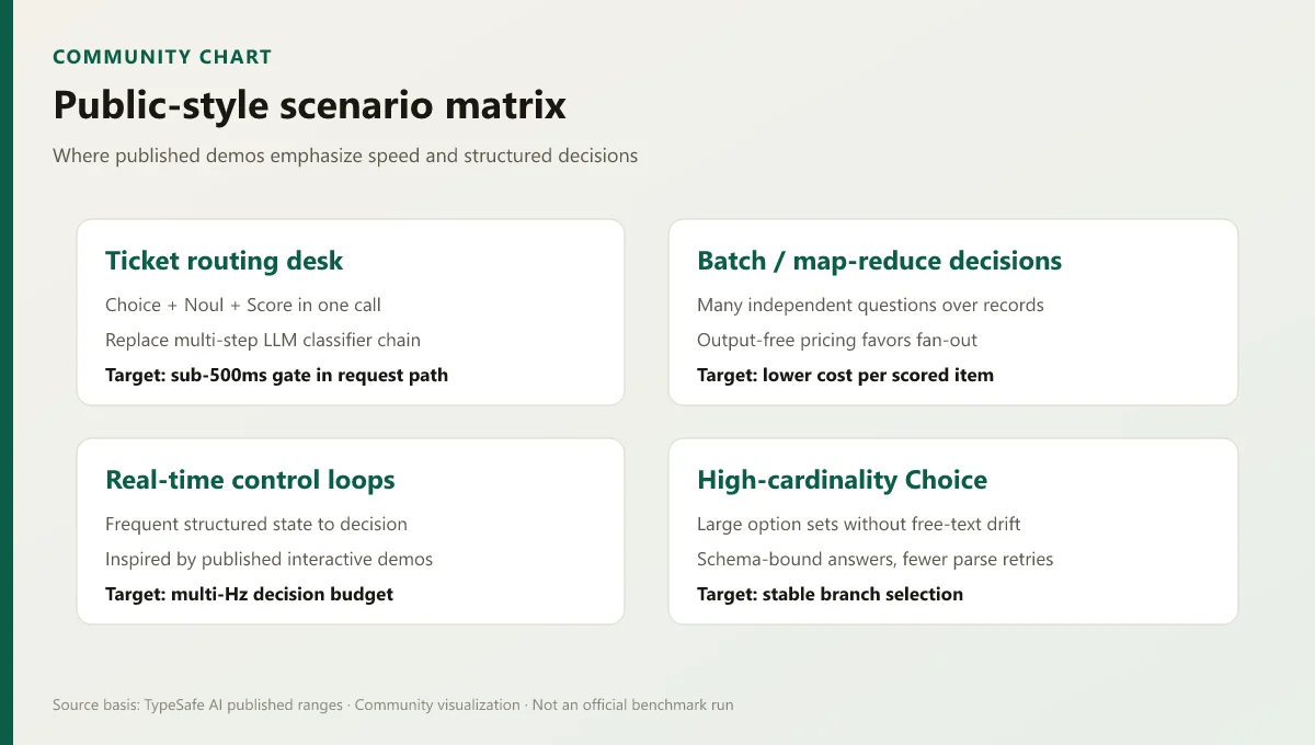 Four-panel scenario matrix for routing, batch scoring, real-time loops, and high-cardinality choice